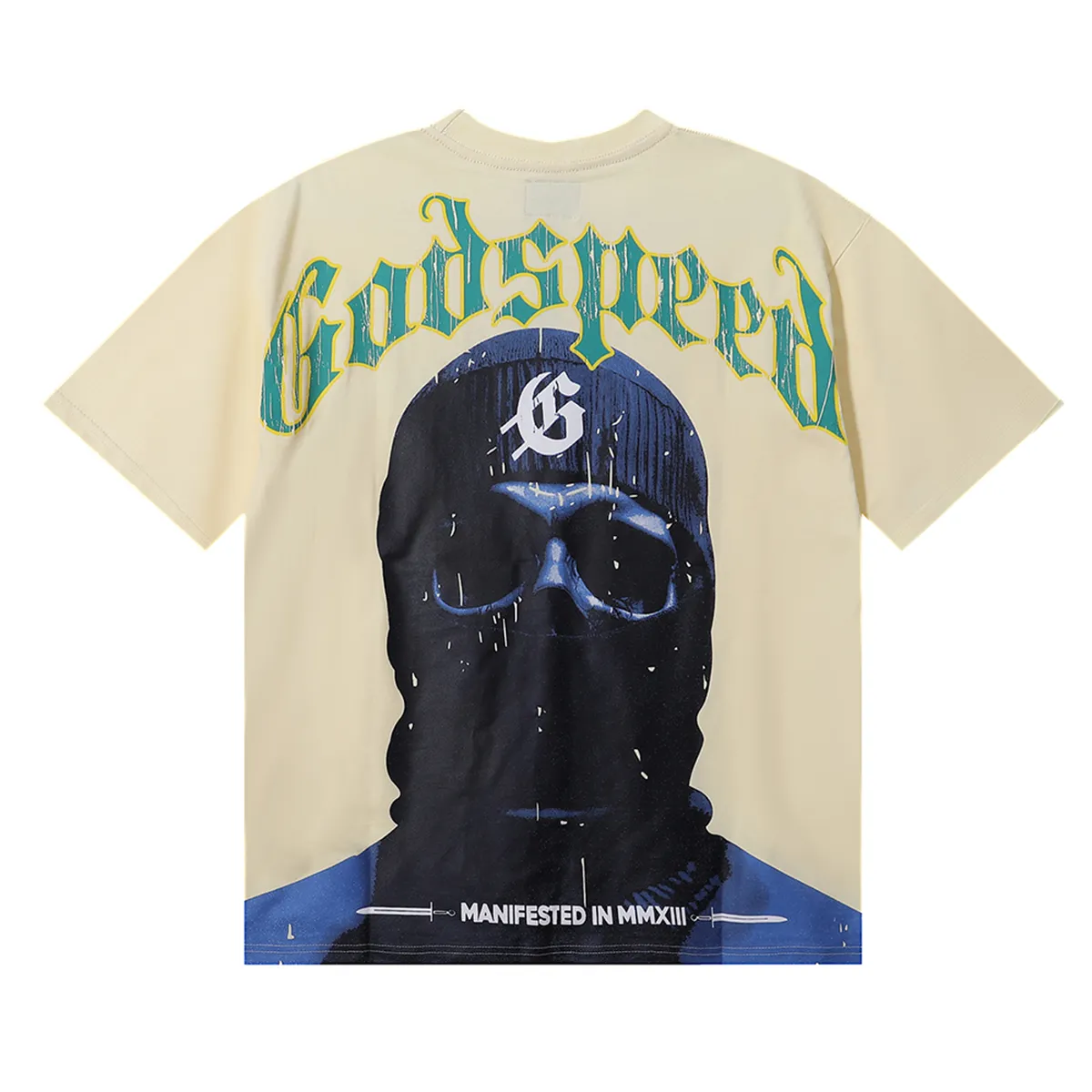 No. 7020, foreign trade beauty trend Godspeed masked man printing high quality double yarn pure cotton round neck short-sleeved T-shirt batch 110 Color: black, white, apricot; Size: S M L XL