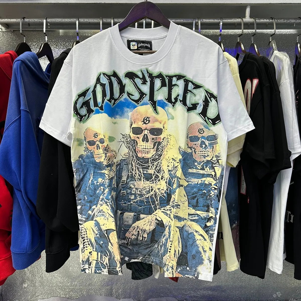 Actual photo, No. 7052, Mechao Godspeed Skeleton Marines printed high weight double yarn pure cotton casual short-sleeved T-shirt batch 110 Color: black, white; Size: S M L XL