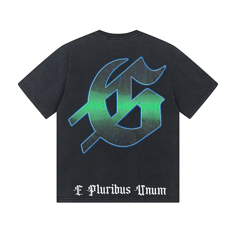 1013# P126 Washed Black Real Shot Godspeed American Fashion Rock Street Retro Washed Distressed Printed Pure Cotton Short Sleeves Fabric: 250g 32 Count Fine Cotton Double Yarn Pure Cotton Color: Washed Black Size: S M L XL