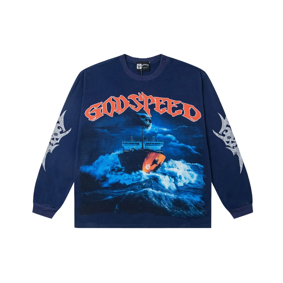 G46# GodSpeed ​​white ink direct spray washed long sleeve S-XL size black (washed) P156 blue (washed) P156