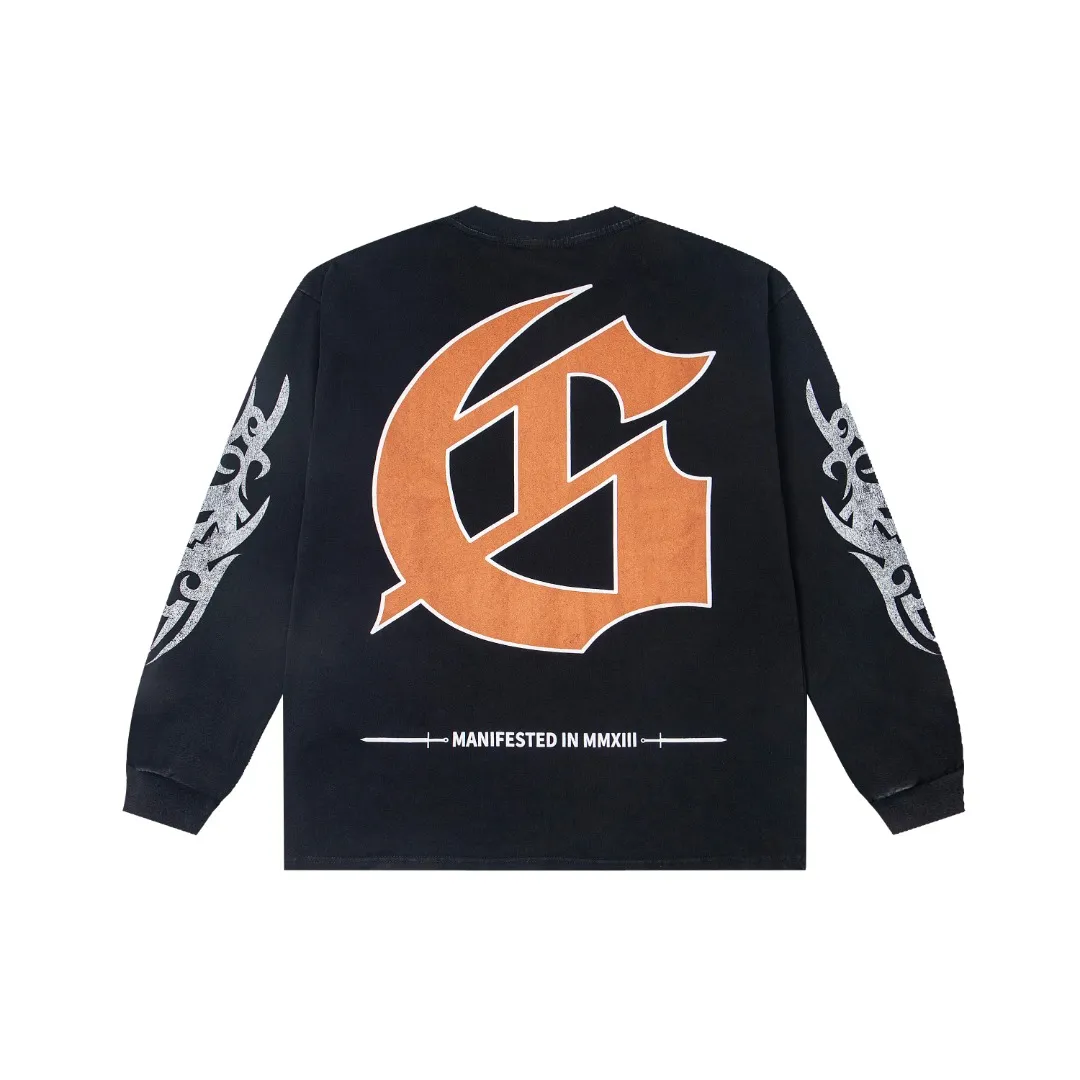 G46# GodSpeed ​​white ink direct spray washed long sleeve S-XL size black (washed) P156 blue (washed) P156
