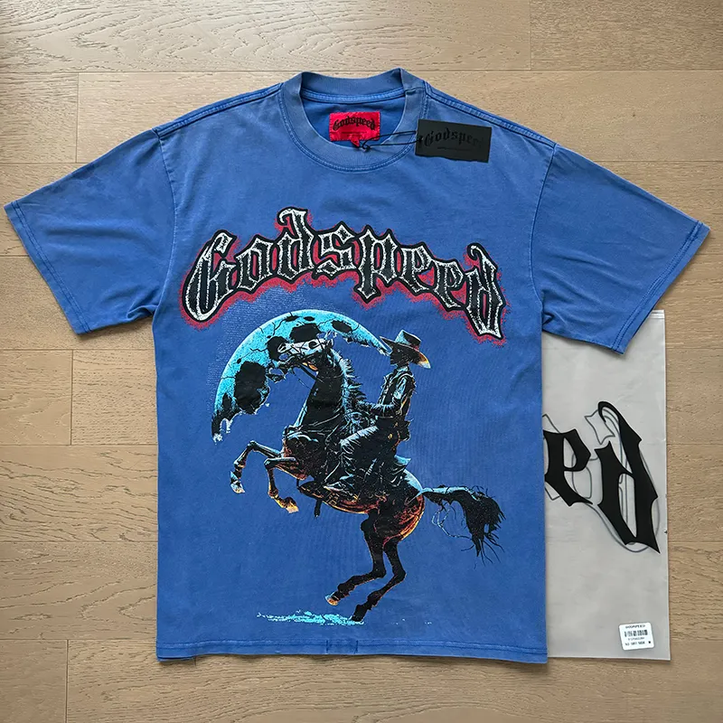1057# P126 Washed model Real shot Godspeed American fashion rock street retro washed distressed printed cotton short-sleeved fabric: 250g 32 count fine cotton double yarn pure cotton Color: washed black washed blue code number: S M L XL