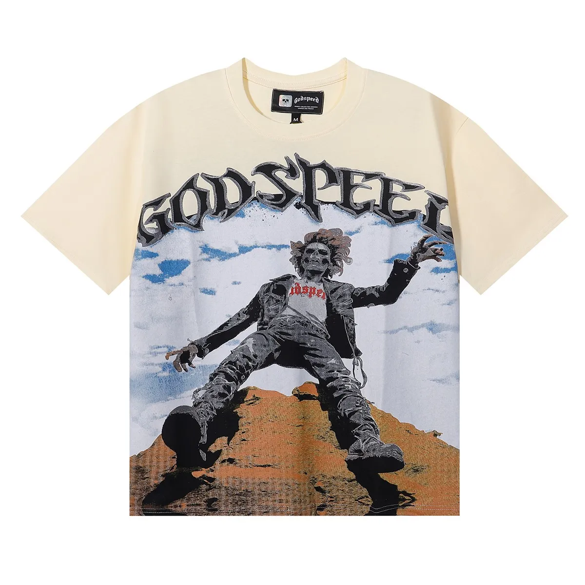 No. 7032, Mechao Godspeed falling skull printed high weight double yarn pure cotton casual short-sleeved T-shirt batch 110 Color: black, white; Size: S M L XL