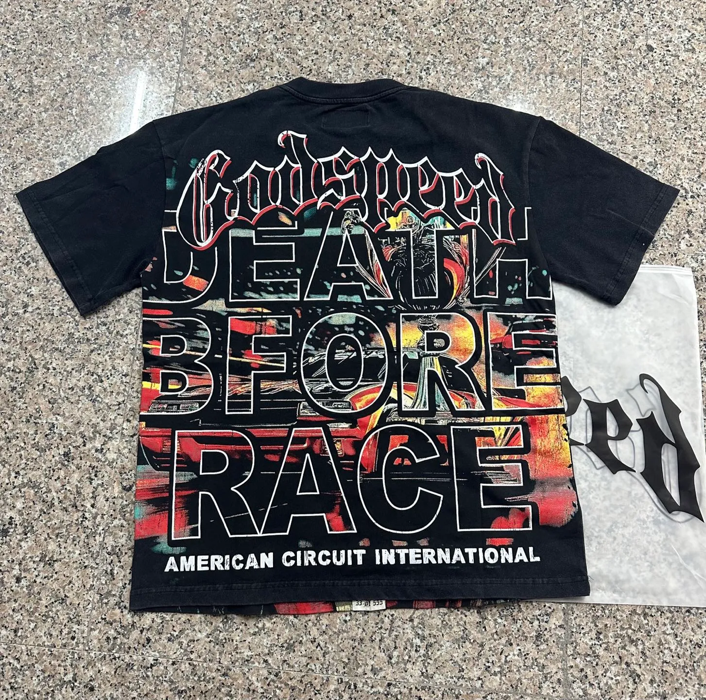 6312# washed black/washed postal green I P116 Godspeed cross-border American rock and roll street washed retro style short-sleeved T (craft print) fabric (fabric): 32 count combed double yarn 250g weight code number (size): S-M-L-XL color (colour): washed black/washed postal green