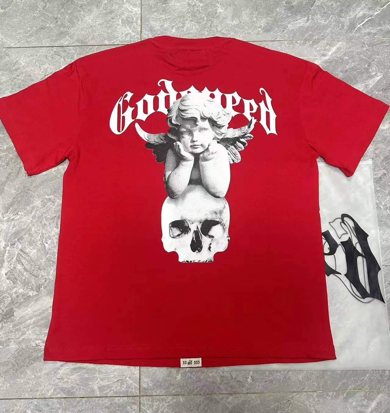52💰5092#China Red/Klein Blue I Godspeed cross-border American rock and roll street wash retro style short-sleeved T (craft printing) fabric (fabric): 32 count combed double yarn 240 grams weight code (size): S-M-L-XL color (colour): Chinese red/Klein blue