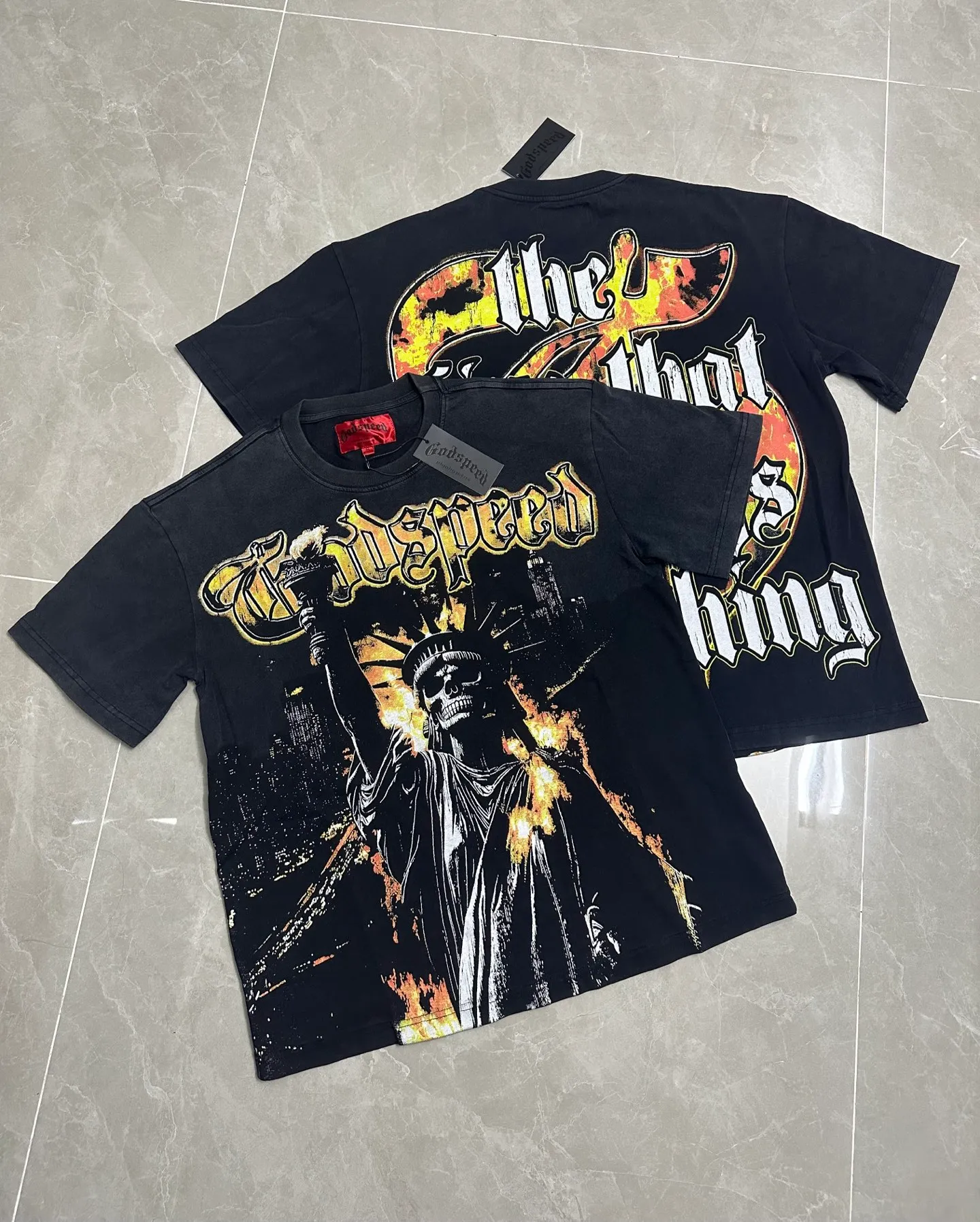 6126# Washed black I P116 Real stock (American fashion niche) - New Godspeed cross-border American rock street washed retro style short-sleeved T (craft printing) Fabric (fabric): 32 counts combed double yarn 250 grams weight Size (size): S-M-L-XL Color (colour): Washed black