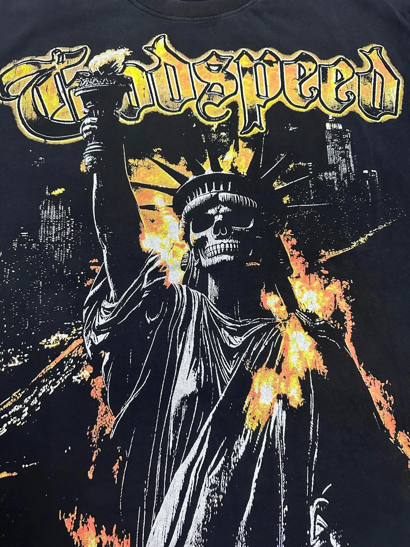 6126# Washed black I P116 Real stock (American fashion niche) - New Godspeed cross-border American rock street washed retro style short-sleeved T (craft printing) Fabric (fabric): 32 counts combed double yarn 250 grams weight Size (size): S-M-L-XL Color (colour): Washed black