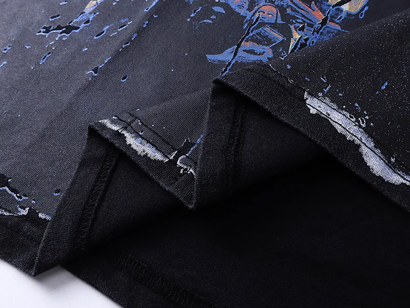 1010# P126 Washed model Real shot Godspeed American fashion rock street retro washed distressed printed cotton short sleeves Fabric: 250g 32 count fine cotton double yarn pure cotton Color: washed black washed blue Code number: S M L XL