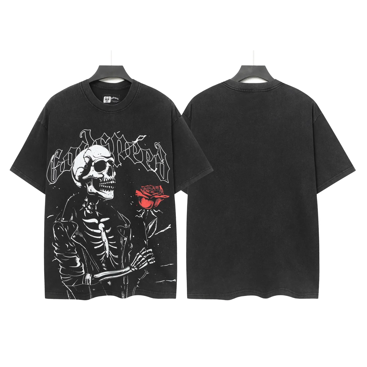 6055#washed black｜P116 Godspeed cross-border American rock and roll street washed retro style short-sleeved T (craft printing) fabric (fabric): 32 count combed double yarn 250g weight code number (size): S-M-L-XL color (colour): washed black