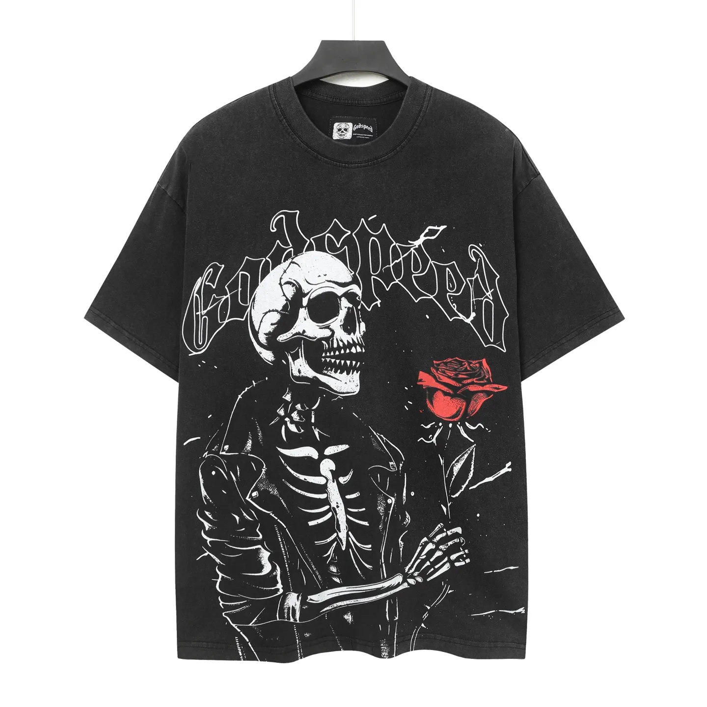 6055#washed black｜P116 Godspeed cross-border American rock and roll street washed retro style short-sleeved T (craft printing) fabric (fabric): 32 count combed double yarn 250g weight code number (size): S-M-L-XL color (colour): washed black