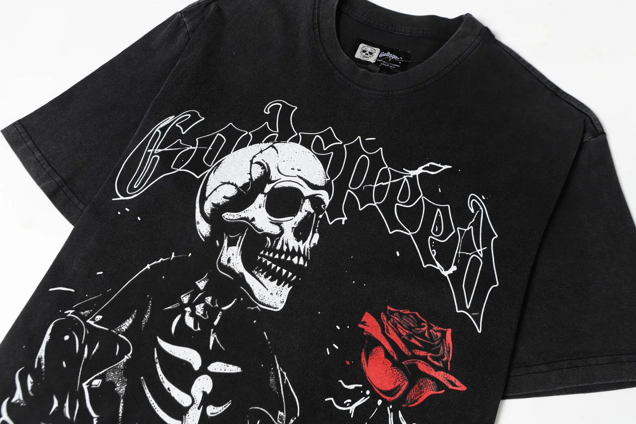 6055#washed black｜P116 Godspeed cross-border American rock and roll street washed retro style short-sleeved T (craft printing) fabric (fabric): 32 count combed double yarn 250g weight code number (size): S-M-L-XL color (colour): washed black