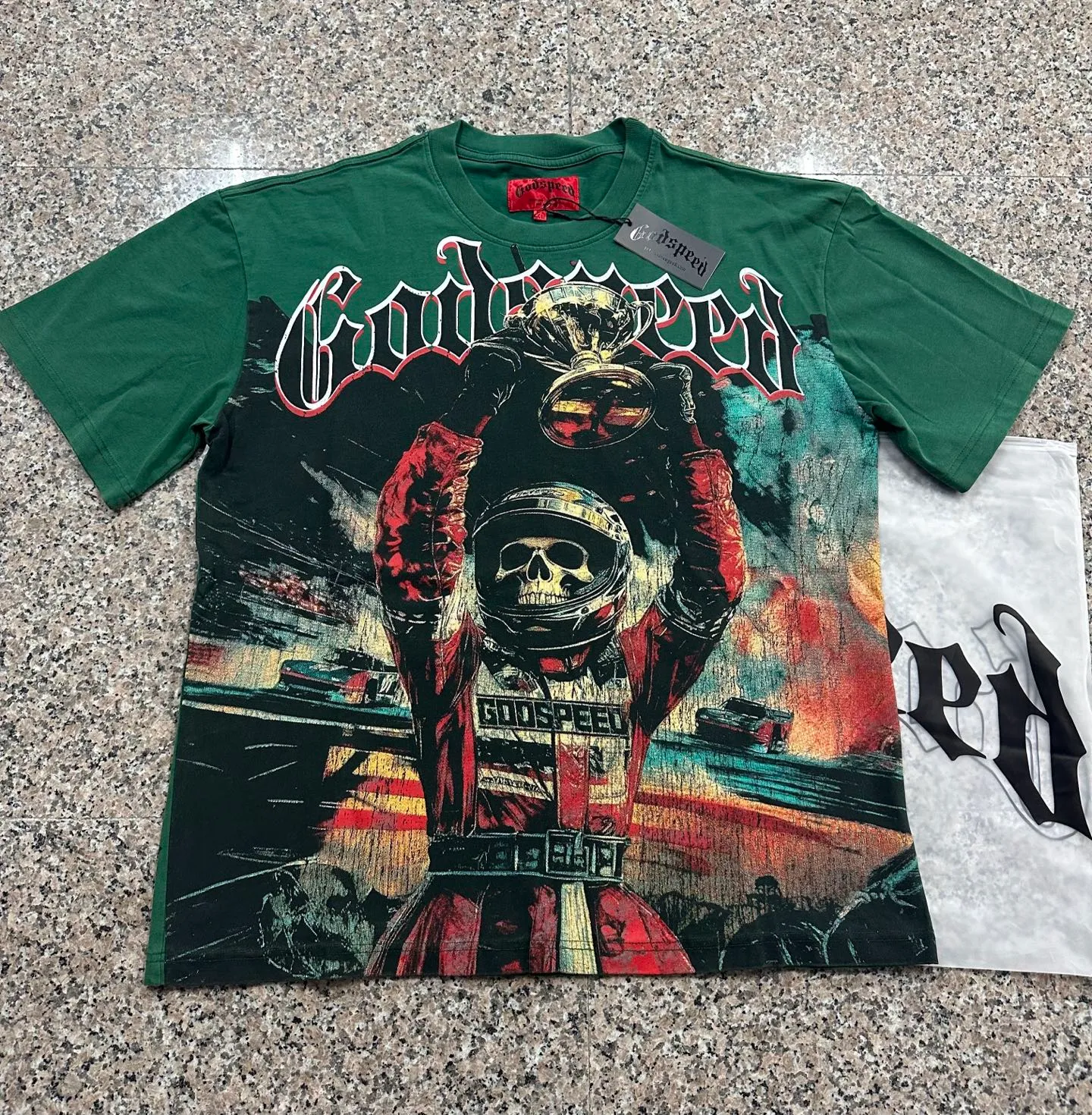 6312# washed black/washed postal green I P116 Godspeed cross-border American rock and roll street washed retro style short-sleeved T (craft print) fabric (fabric): 32 count combed double yarn 250g weight code number (size): S-M-L-XL color (colour): washed black/washed postal green