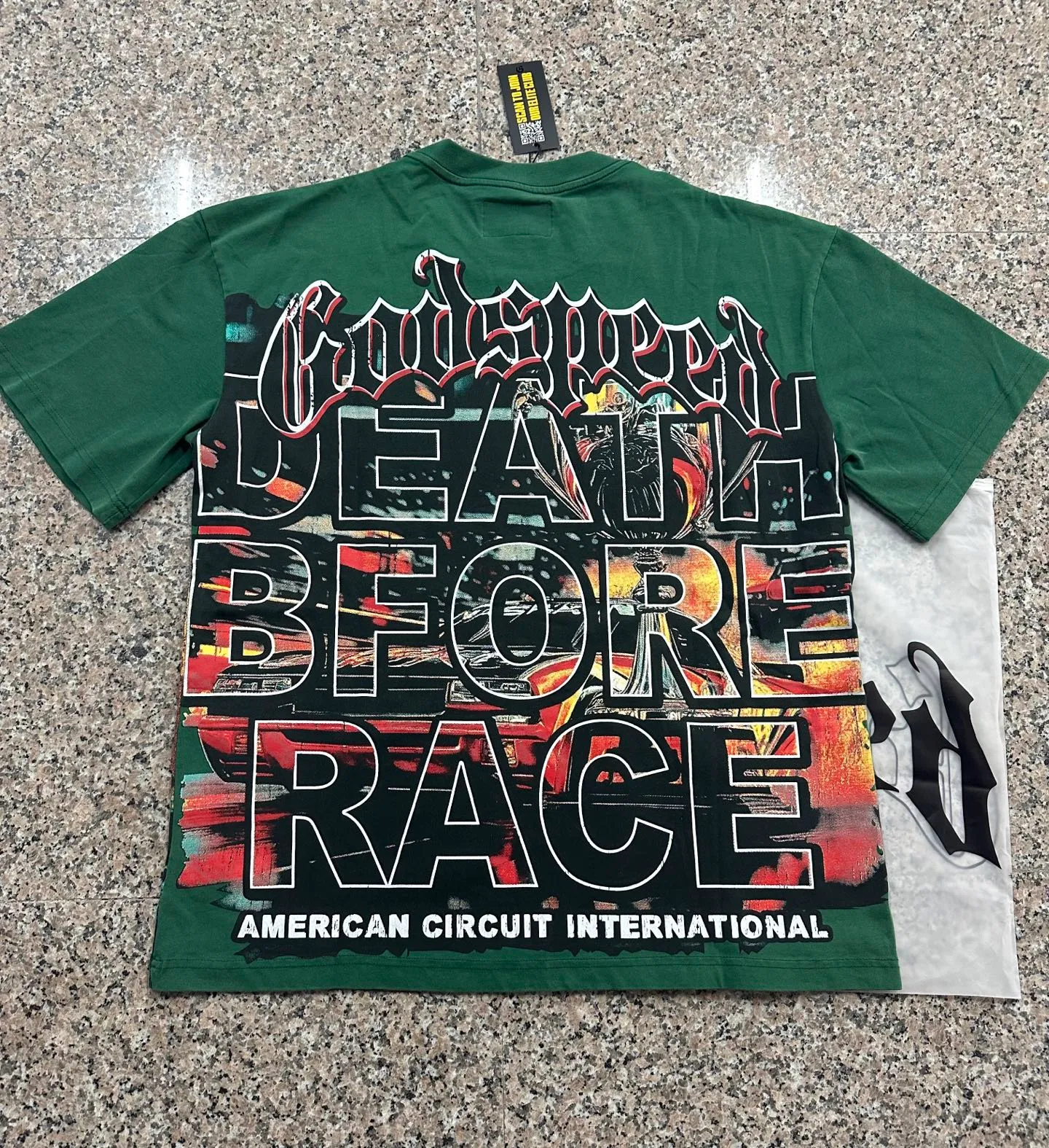 6312# washed black/washed postal green I P116 Godspeed cross-border American rock and roll street washed retro style short-sleeved T (craft print) fabric (fabric): 32 count combed double yarn 250g weight code number (size): S-M-L-XL color (colour): washed black/washed postal green
