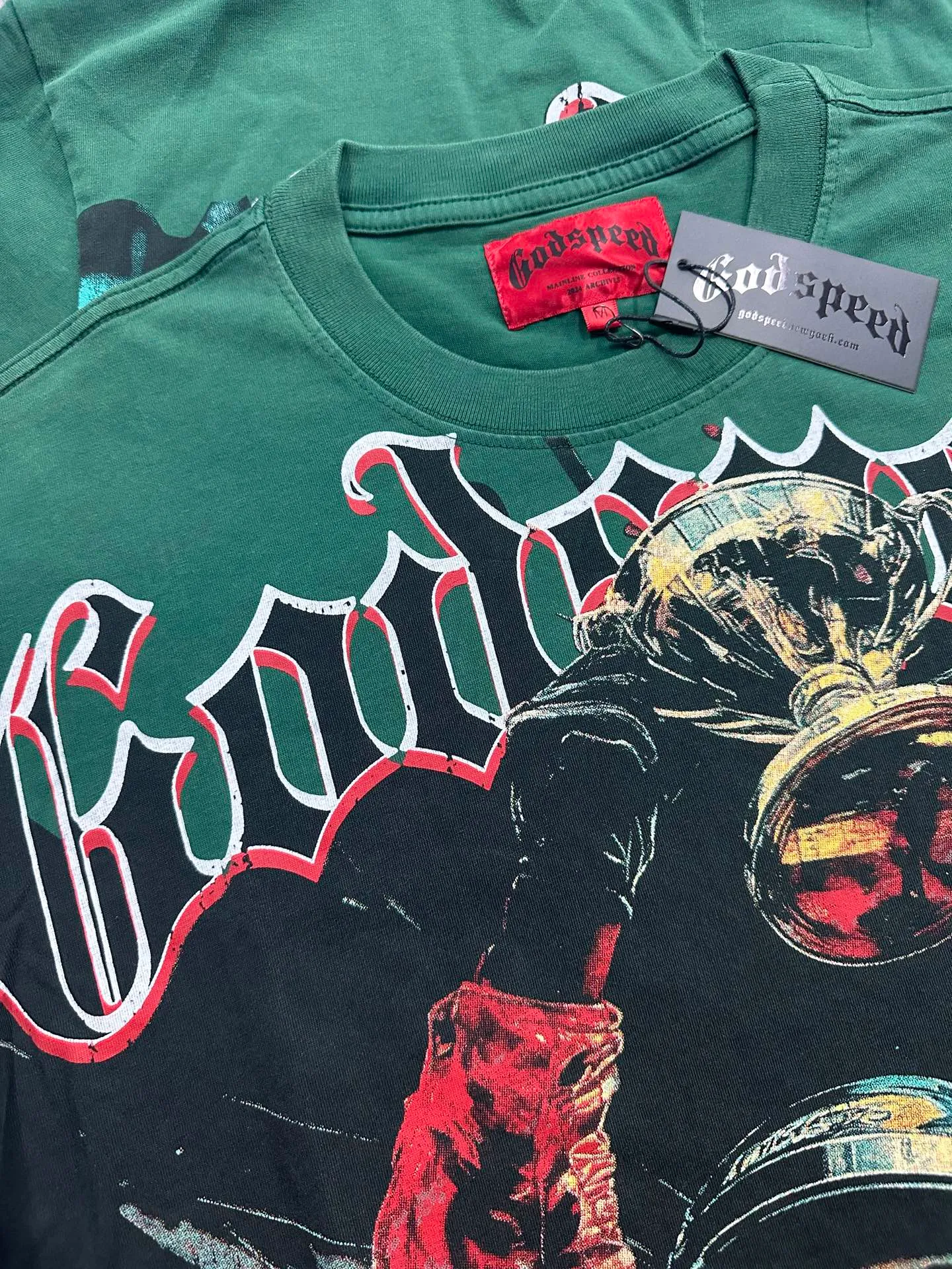 6312# washed black/washed postal green I P116 Godspeed cross-border American rock and roll street washed retro style short-sleeved T (craft print) fabric (fabric): 32 count combed double yarn 250g weight code number (size): S-M-L-XL color (colour): washed black/washed postal green