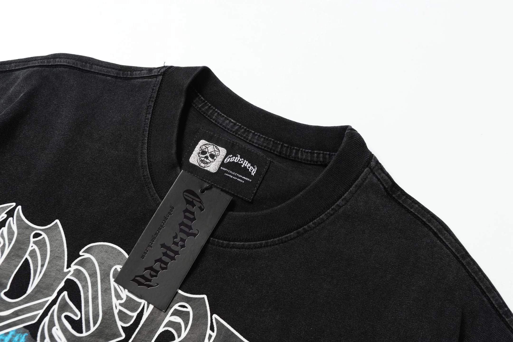 6002# washed black｜P116 Godspeed cross-border American rock and roll street washed retro style short-sleeved T (craft print) fabric (fabric): 32 count combed double yarn 250 grams weight code number (size): S-M-L-XL color (colour): washed black