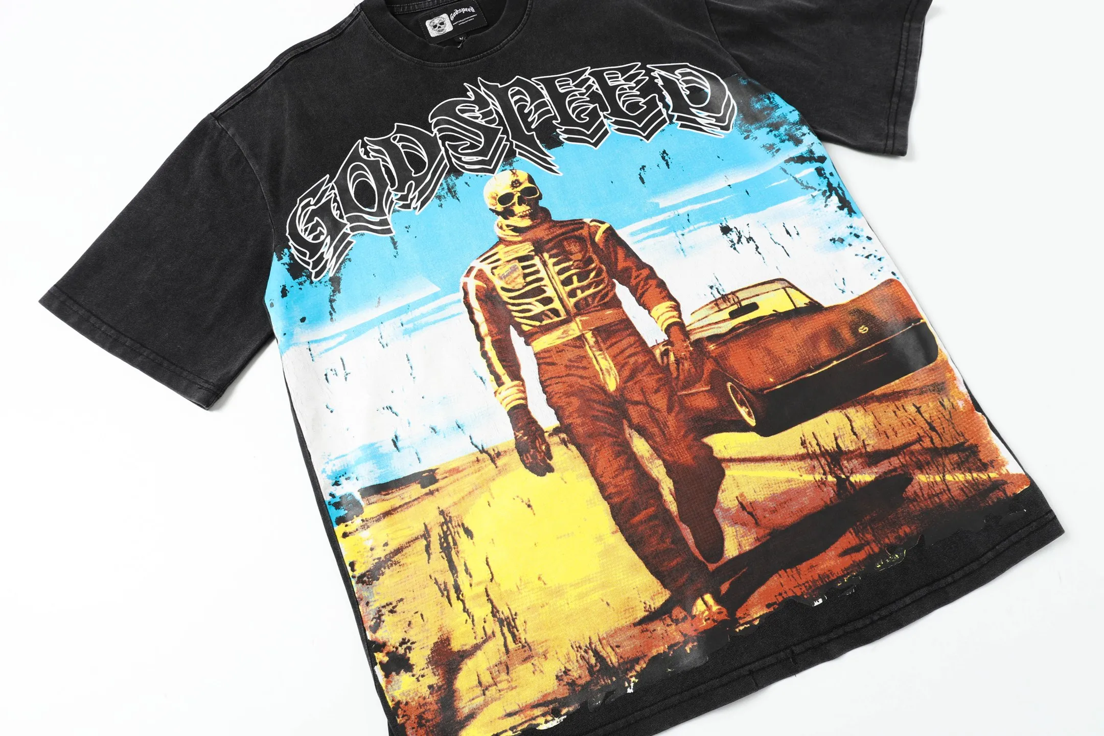 6002# washed black｜P116 Godspeed cross-border American rock and roll street washed retro style short-sleeved T (craft print) fabric (fabric): 32 count combed double yarn 250 grams weight code number (size): S-M-L-XL color (colour): washed black