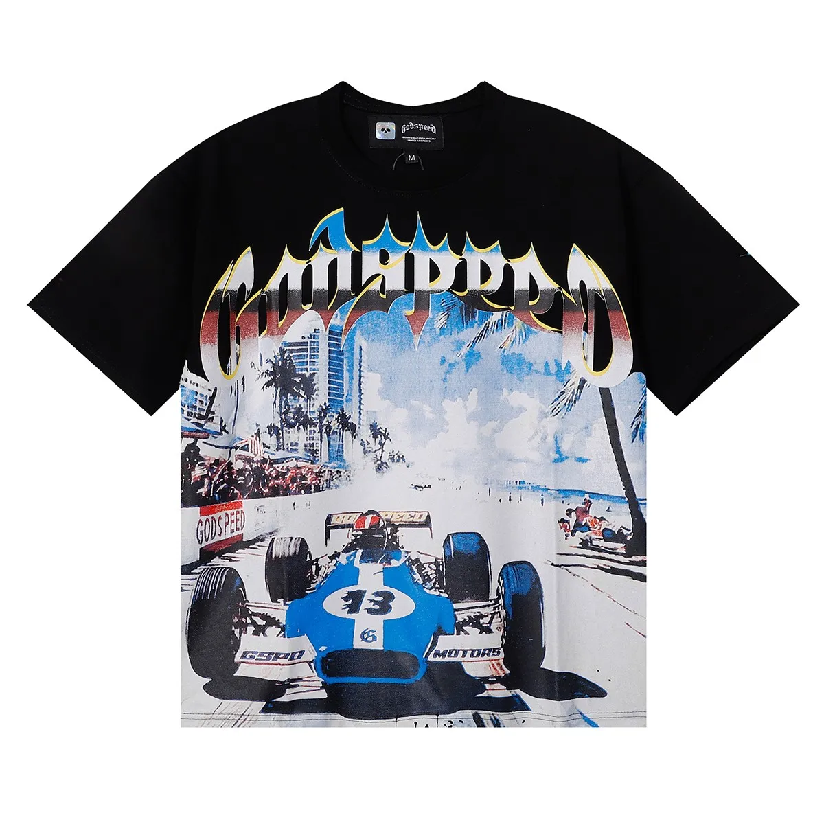 No. 7078, Mechao Godspeed beach road racing printed high-quality double yarn pure cotton casual short-sleeved T-shirt batch 110 Color: black, blue; Size: S M L XL