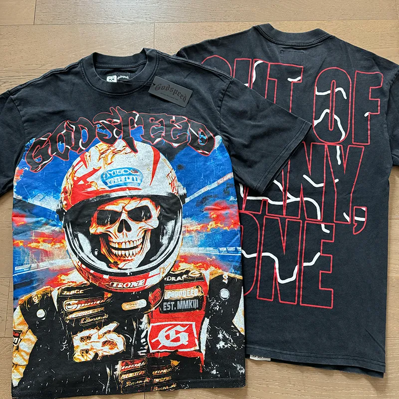 1012# P126 Washed Black Real Shot Godspeed American Fashion Rock Street Retro Washed Distressed Printed Pure Cotton Short Sleeves Fabric: 250g 32 Count Fine Cotton Double Yarn Pure Cotton Color: Washed Black Size: S M L XL