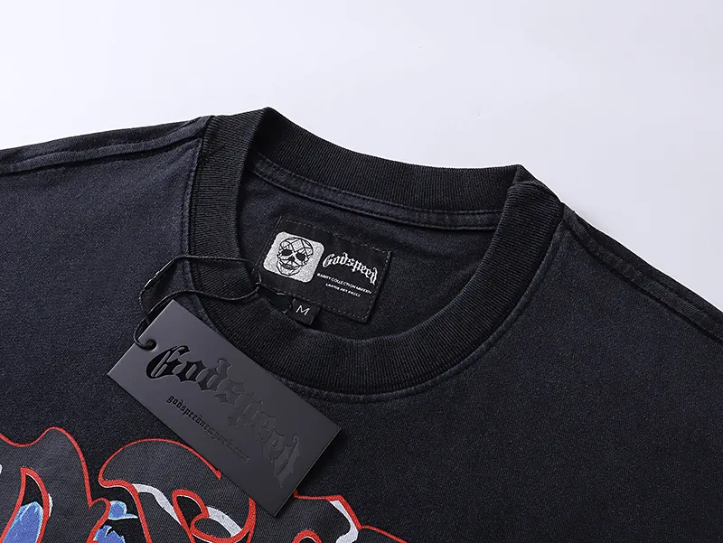 1012# P126 Washed Black Real Shot Godspeed American Fashion Rock Street Retro Washed Distressed Printed Pure Cotton Short Sleeves Fabric: 250g 32 Count Fine Cotton Double Yarn Pure Cotton Color: Washed Black Size: S M L XL