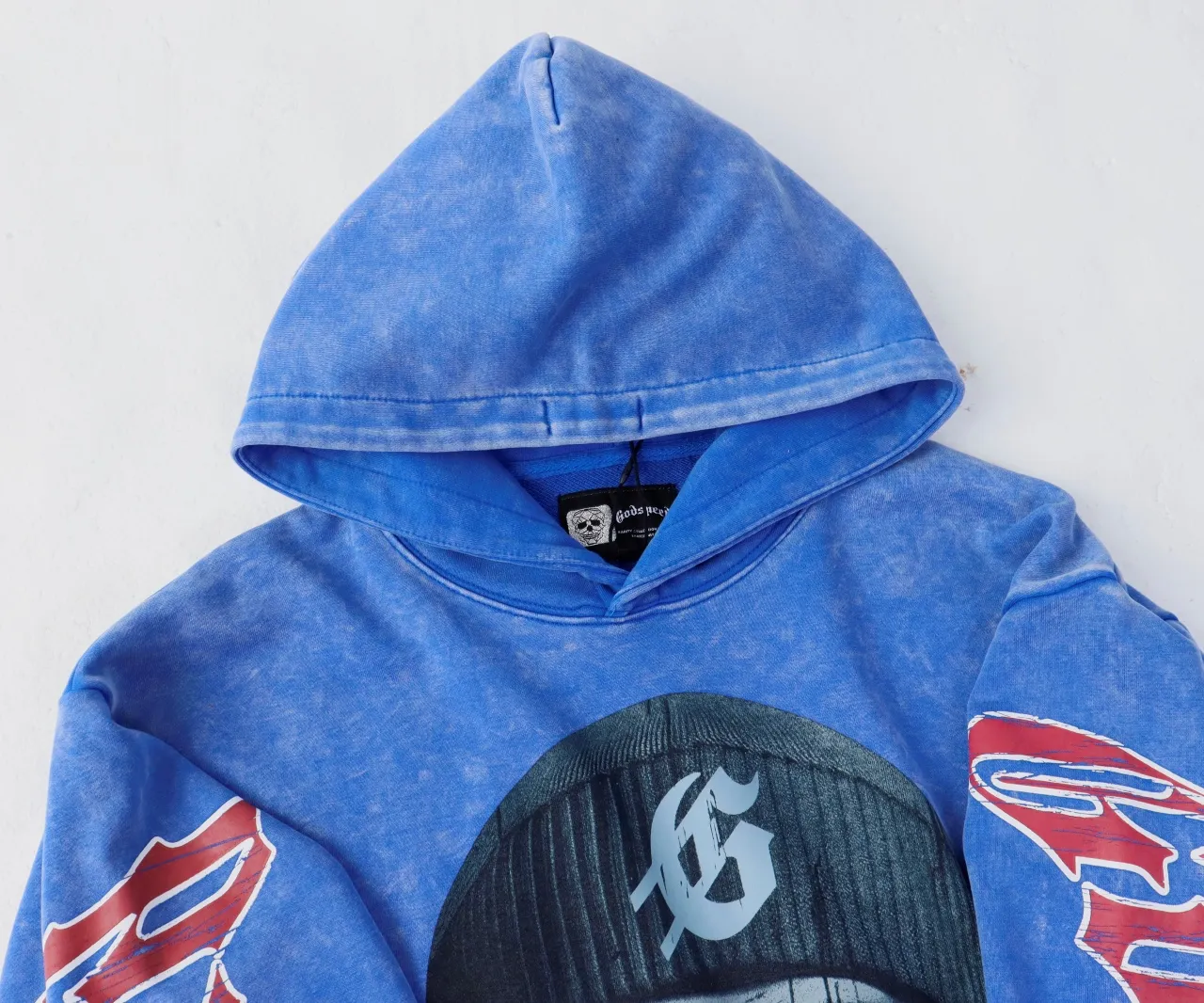 Style number: 5535 Fabric: 420g washed and distressed P196 Real shot Spot Godspeed American fashion rock street retro washed and distressed printed hooded sweatshirt Color: washed black washed blue Size: S M L XL