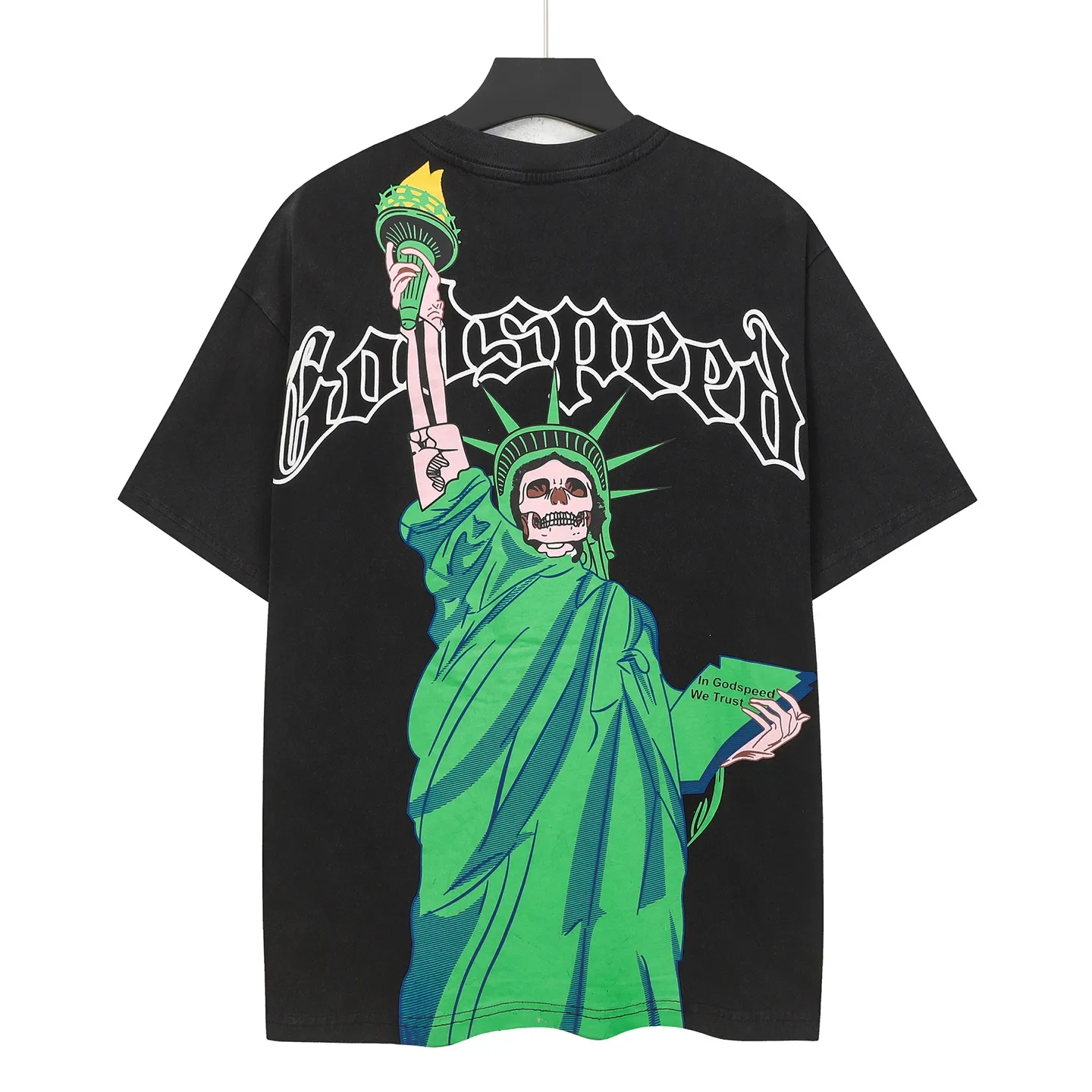 6121#washed black | P116 Godspeed cross-border American rock and roll street washed retro style short-sleeved T (craft printing) fabric (fabric): 32 count combed double yarn 250g weight code number (size): S-M-L-XL color (colour): washed black