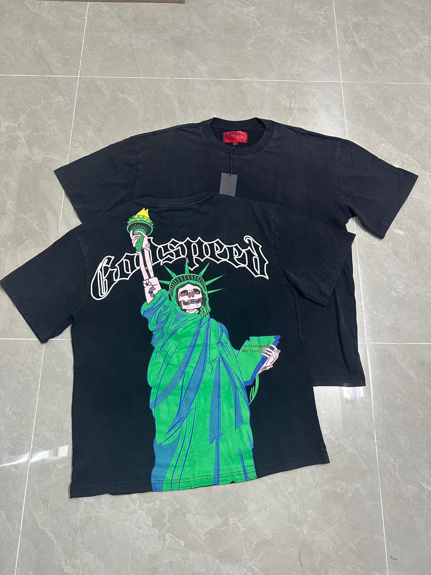6121#washed black | P116 Godspeed cross-border American rock and roll street washed retro style short-sleeved T (craft printing) fabric (fabric): 32 count combed double yarn 250g weight code number (size): S-M-L-XL color (colour): washed black