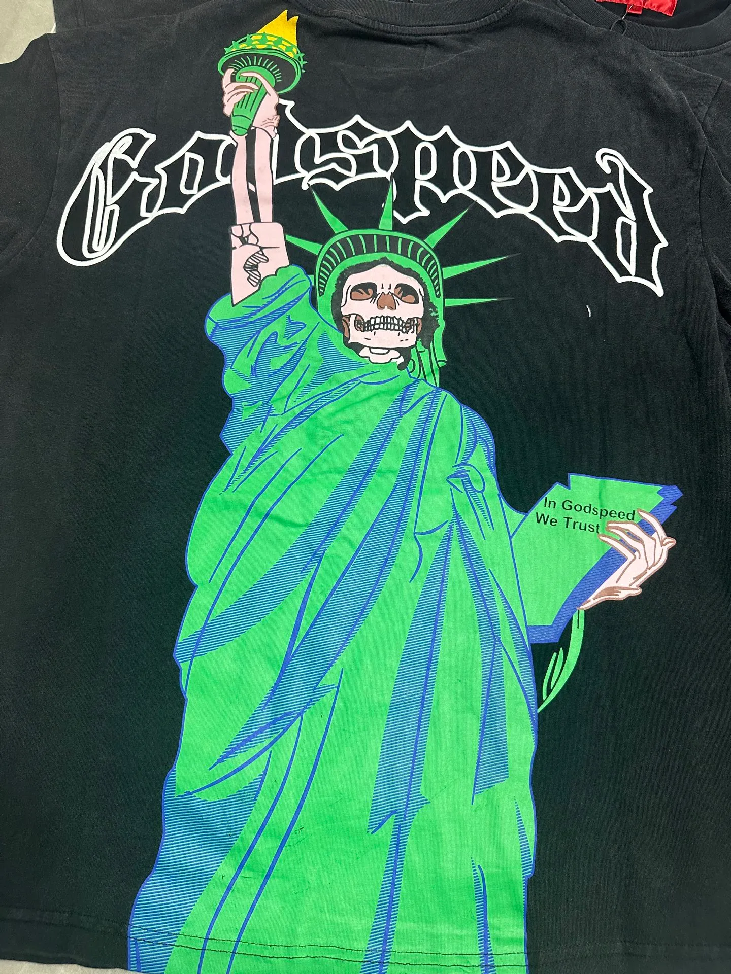 6121#washed black | P116 Godspeed cross-border American rock and roll street washed retro style short-sleeved T (craft printing) fabric (fabric): 32 count combed double yarn 250g weight code number (size): S-M-L-XL color (colour): washed black
