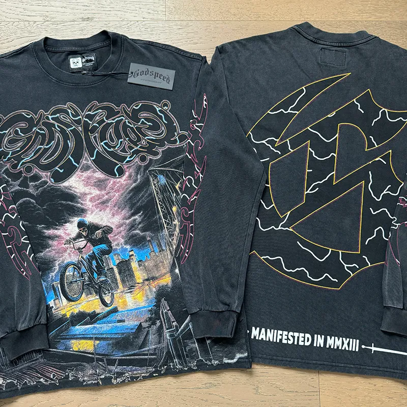 1173# P160 Washed Black Real Shot Godspeed Beauty Street Retro Washed and Distressed Pure Cotton Long T Fabric: 270g 32 Count Fine Cotton Double Yarn Pure Cotton Color: Washed Black Size: S M L XL