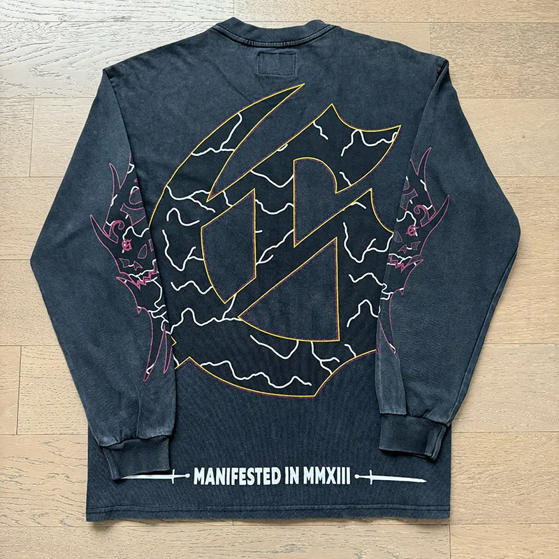 1173# P160 Washed Black Real Shot Godspeed Beauty Street Retro Washed and Distressed Pure Cotton Long T Fabric: 270g 32 Count Fine Cotton Double Yarn Pure Cotton Color: Washed Black Size: S M L XL