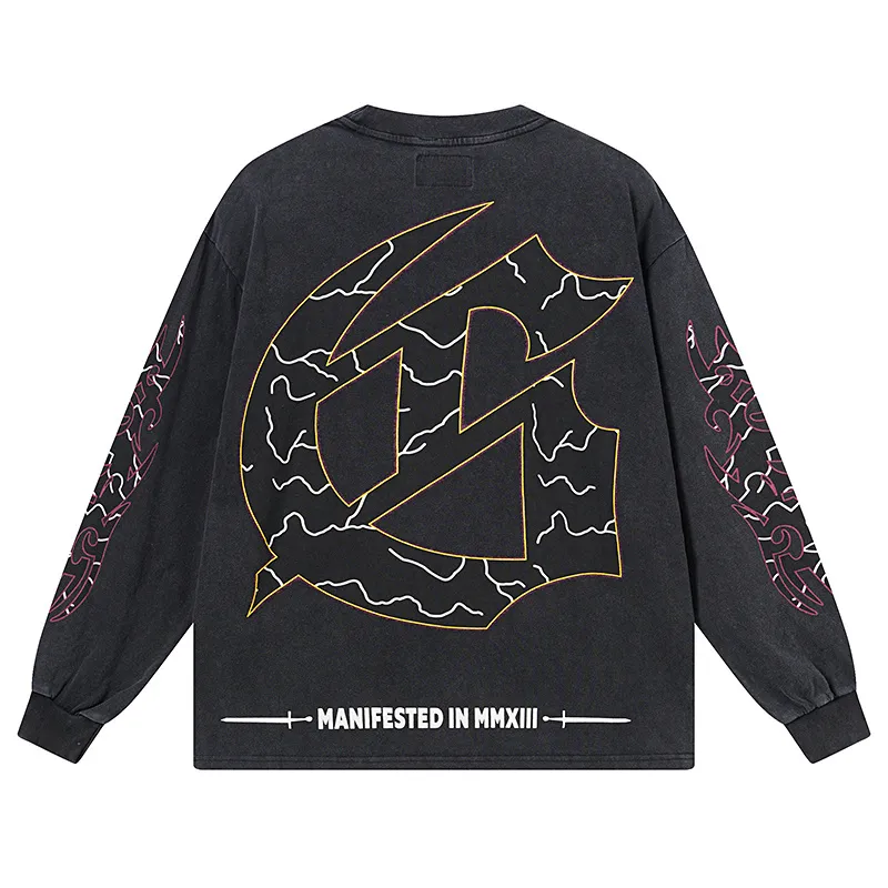1173# P160 Washed Black Real Shot Godspeed Beauty Street Retro Washed and Distressed Pure Cotton Long T Fabric: 270g 32 Count Fine Cotton Double Yarn Pure Cotton Color: Washed Black Size: S M L XL