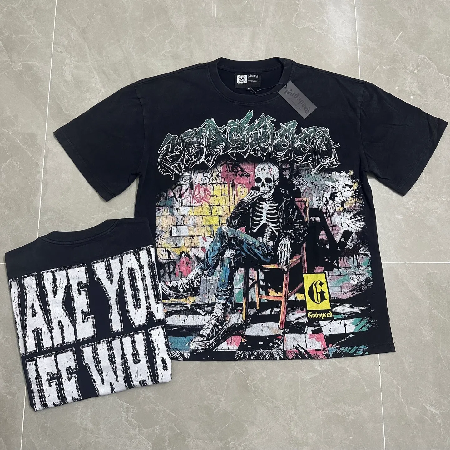 6132# Washed black I P116 Real stock (American fashion niche) - New Godspeed cross-border American rock street washed retro style short-sleeved T (craft printing) Fabric (fabric): 32 counts combed double yarn 250 grams weight Size (size): S-M-L-XL Color (colour): Washed black