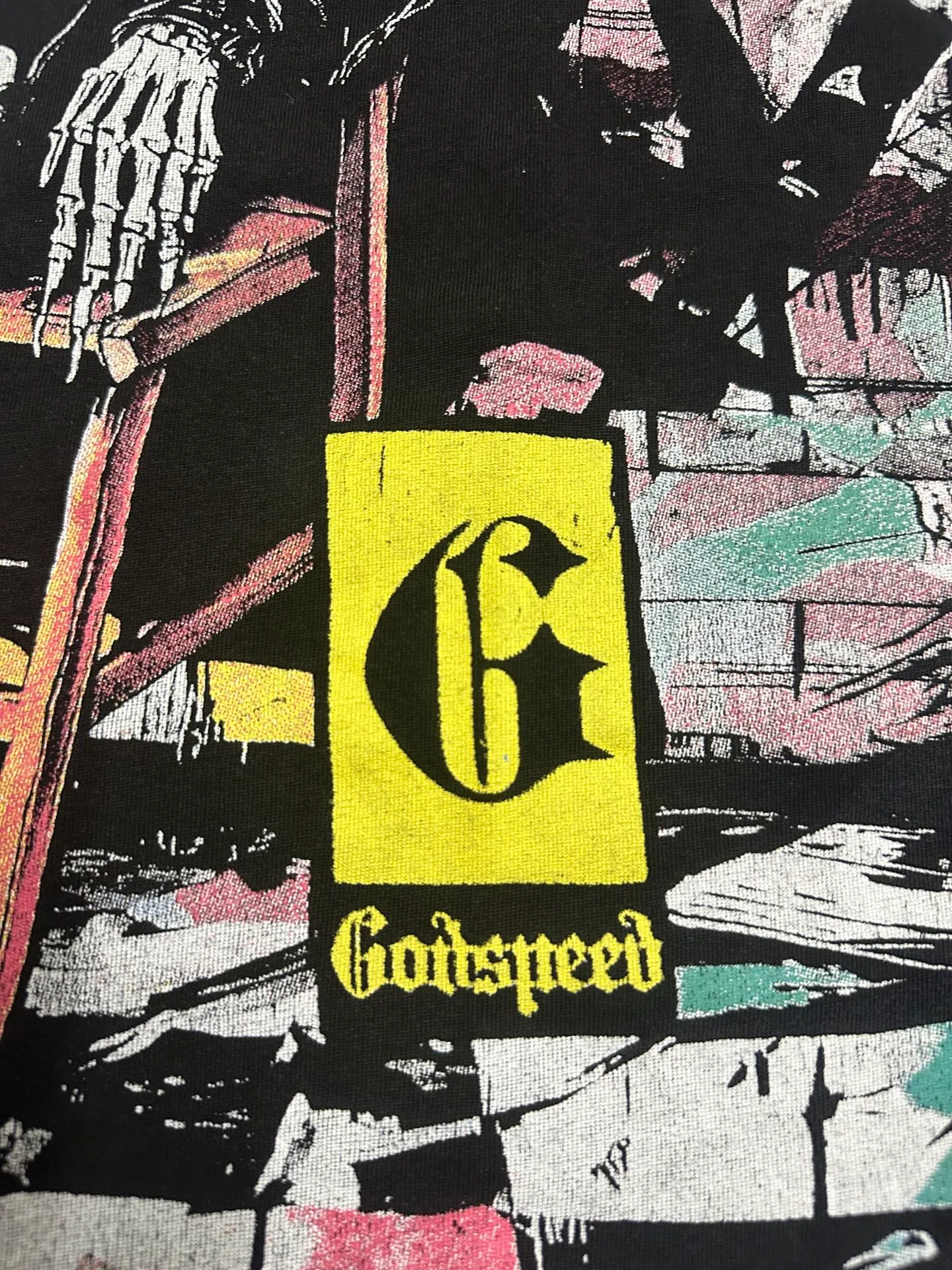 6132# Washed black I P116 Real stock (American fashion niche) - New Godspeed cross-border American rock street washed retro style short-sleeved T (craft printing) Fabric (fabric): 32 counts combed double yarn 250 grams weight Size (size): S-M-L-XL Color (colour): Washed black