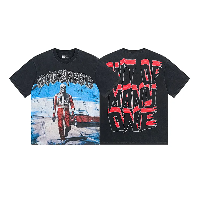 1087# P126 Washed Black Real Shot Godspeed American Fashion Rock Street Retro Washed Distressed Printed Cotton Short Sleeves Fabric: 250g 32 Count Fine Cotton Double Yarn Pure Cotton Color: Washed Black Size: S M L XL