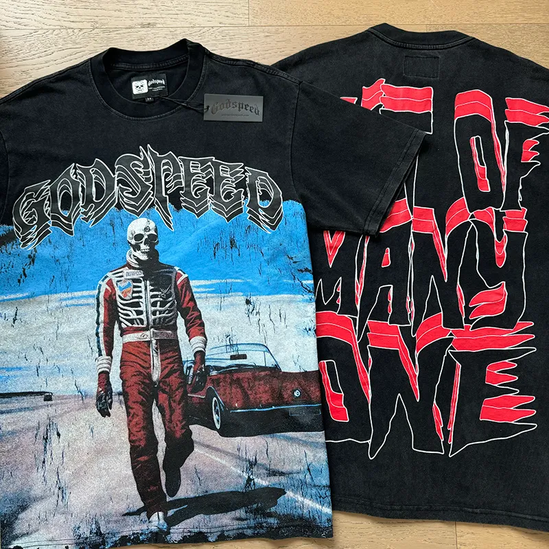 1087# P126 Washed Black Real Shot Godspeed American Fashion Rock Street Retro Washed Distressed Printed Cotton Short Sleeves Fabric: 250g 32 Count Fine Cotton Double Yarn Pure Cotton Color: Washed Black Size: S M L XL