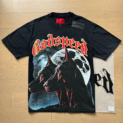 1033# P126 Washed Black Real Shot Godspeed American Fashion Rock Street Retro Washed Distressed Printed Cotton Short Sleeves Fabric: 250g 32 Count Fine Cotton Double Yarn Pure Cotton Color: Washed Black Size: S M L XL