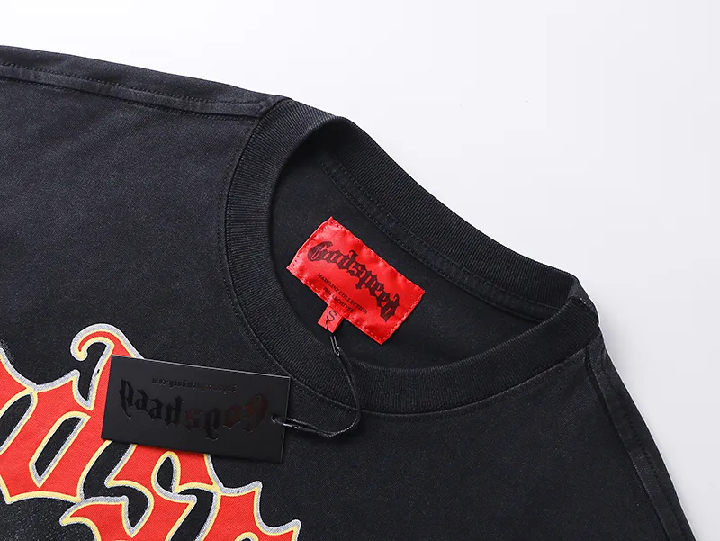 1033# P126 Washed Black Real Shot Godspeed American Fashion Rock Street Retro Washed Distressed Printed Cotton Short Sleeves Fabric: 250g 32 Count Fine Cotton Double Yarn Pure Cotton Color: Washed Black Size: S M L XL