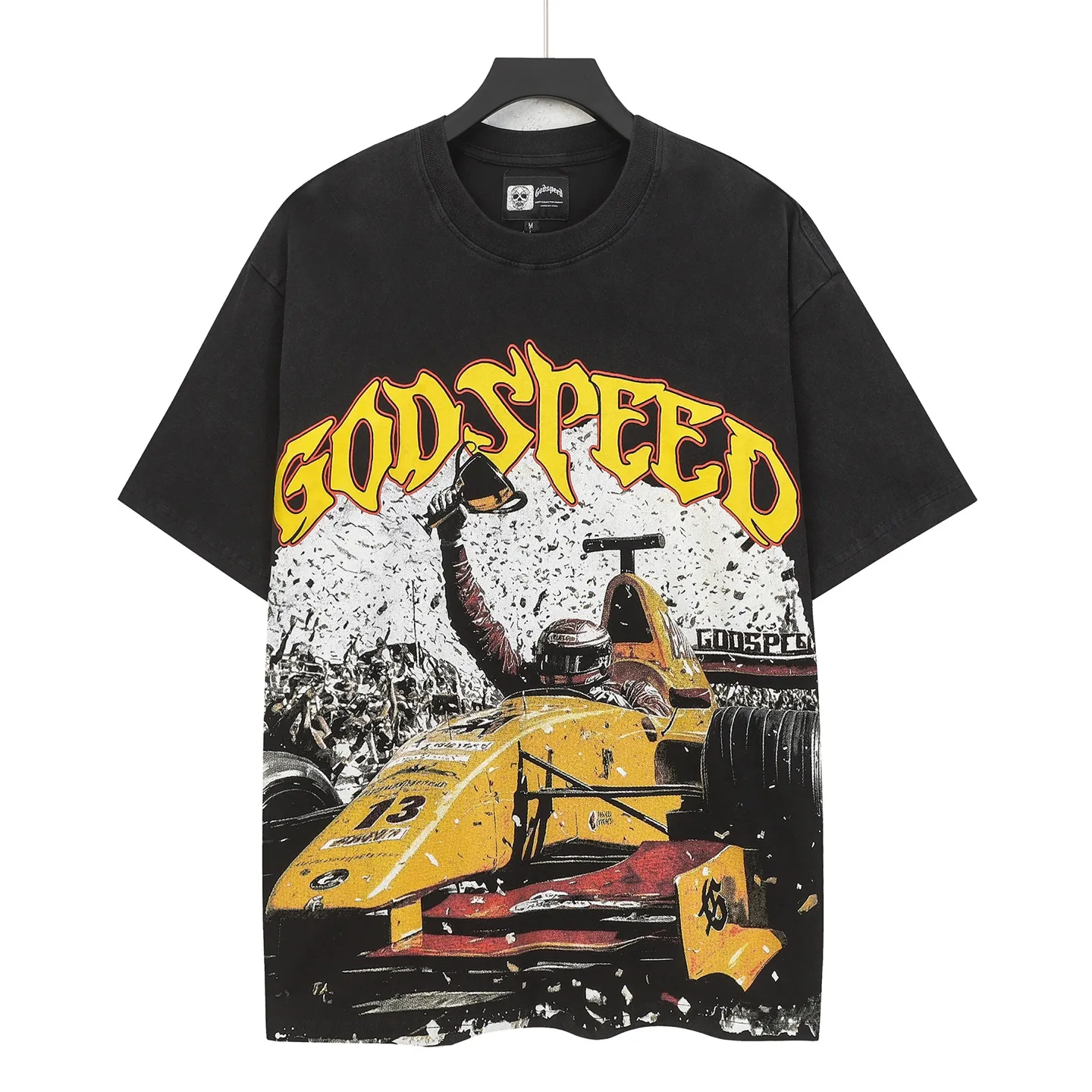 6113# washed retro black I P116 Godspeed cross-border American rock and roll street washed retro style short-sleeved T (craft printing) fabric (fabric): 32 count combed double yarn 250 grams weight code number (size): S-M-L-XL color (colour): washed black