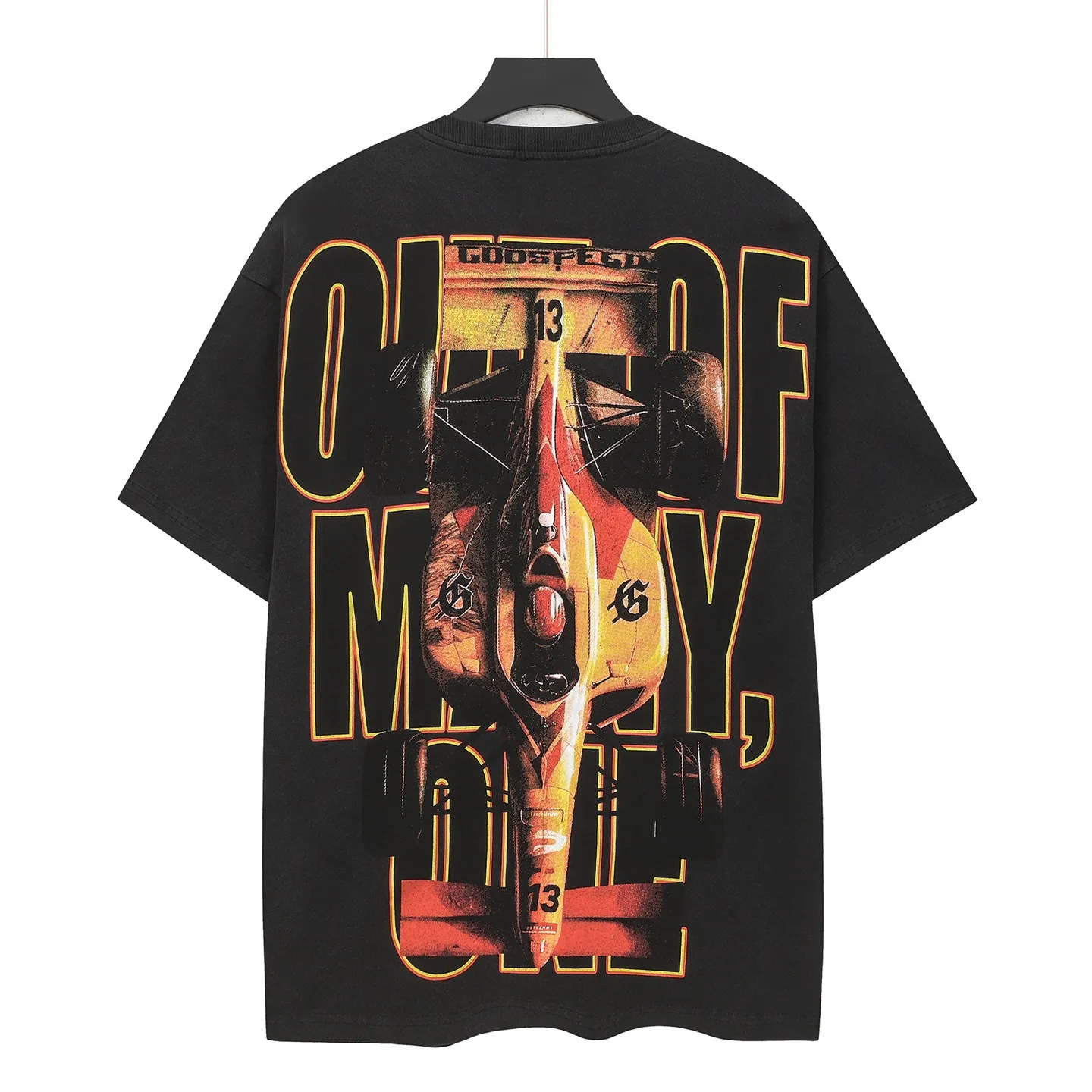 6113# washed retro black I P116 Godspeed cross-border American rock and roll street washed retro style short-sleeved T (craft printing) fabric (fabric): 32 count combed double yarn 250 grams weight code number (size): S-M-L-XL color (colour): washed black