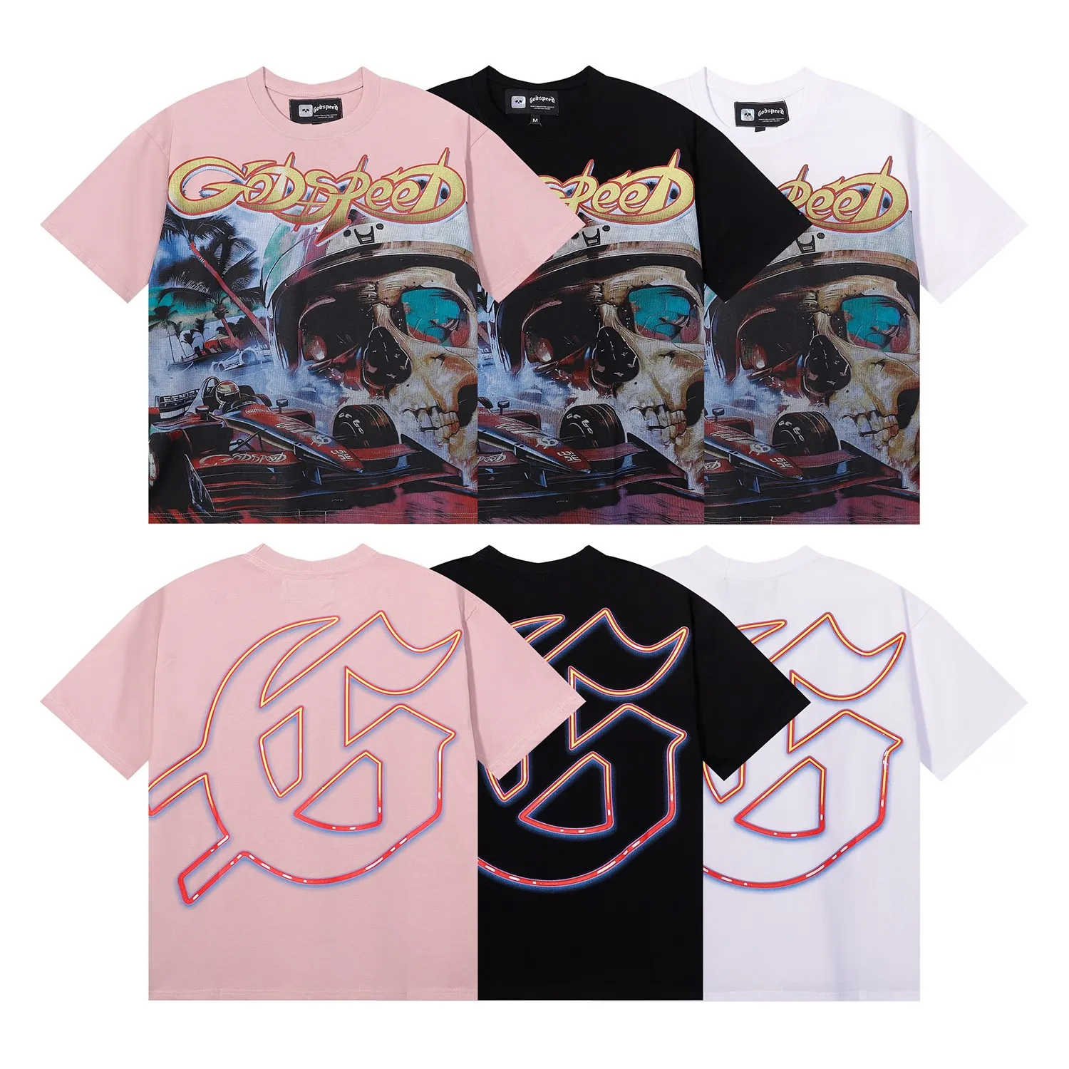 Batch 106, No. 7083, American fashion Godspeed skull racing print high quality double yarn pure cotton casual short-sleeved T-shirt Color: black, white, pink; Size: S M L XL