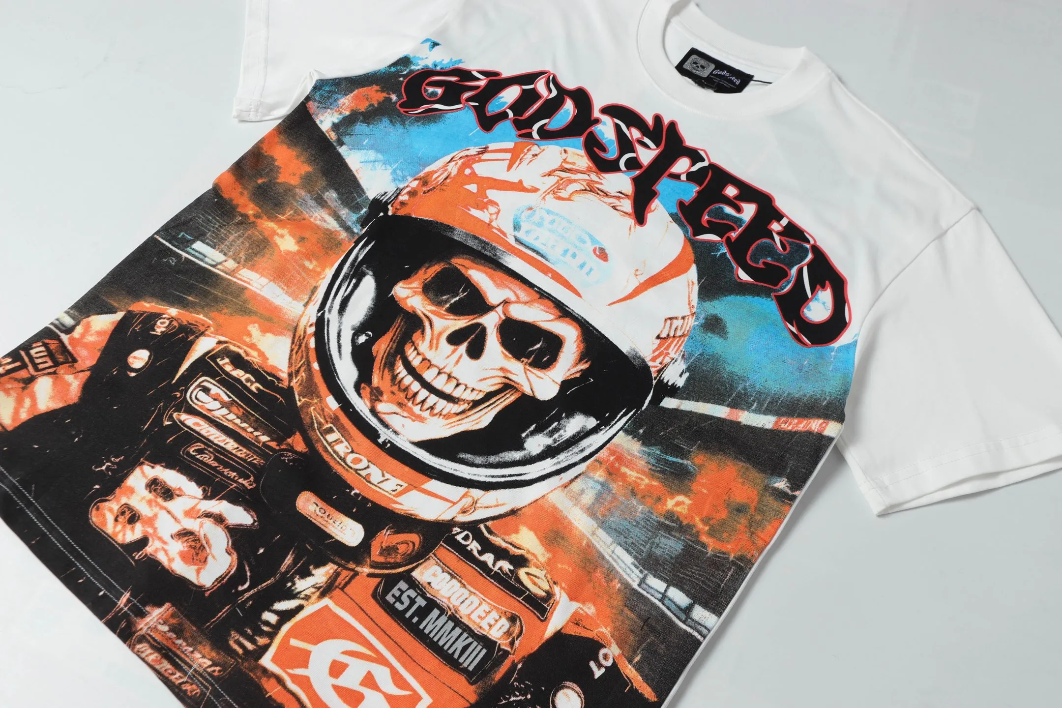 5036# White ｜P104 Godspeed cross-border American rock and roll street washed retro style short-sleeved T (craft printing) fabric (fabric): 32 counts combed double yarn 240 grams weight code number (size): S-M-L-XL color (colour): white 👉 👉