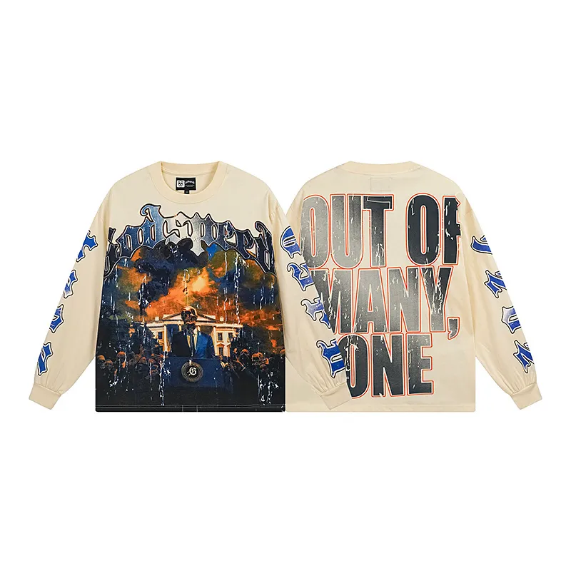 3157# P140 Real shot of Godspeed American fashion rock street pure cotton loose bottoming long-sleeved T-shirt long T. Fabric: 270g 32 count fine cotton double yarn pure cotton Color: Apricot Code number: S M L XL