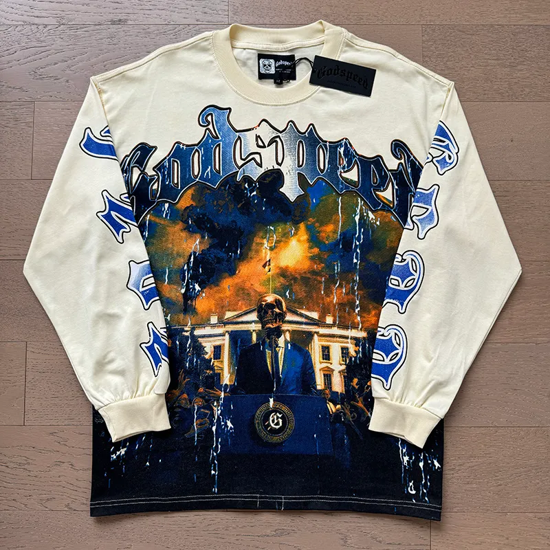 3157# P140 Real shot of Godspeed American fashion rock street pure cotton loose bottoming long-sleeved T-shirt long T. Fabric: 270g 32 count fine cotton double yarn pure cotton Color: Apricot Code number: S M L XL