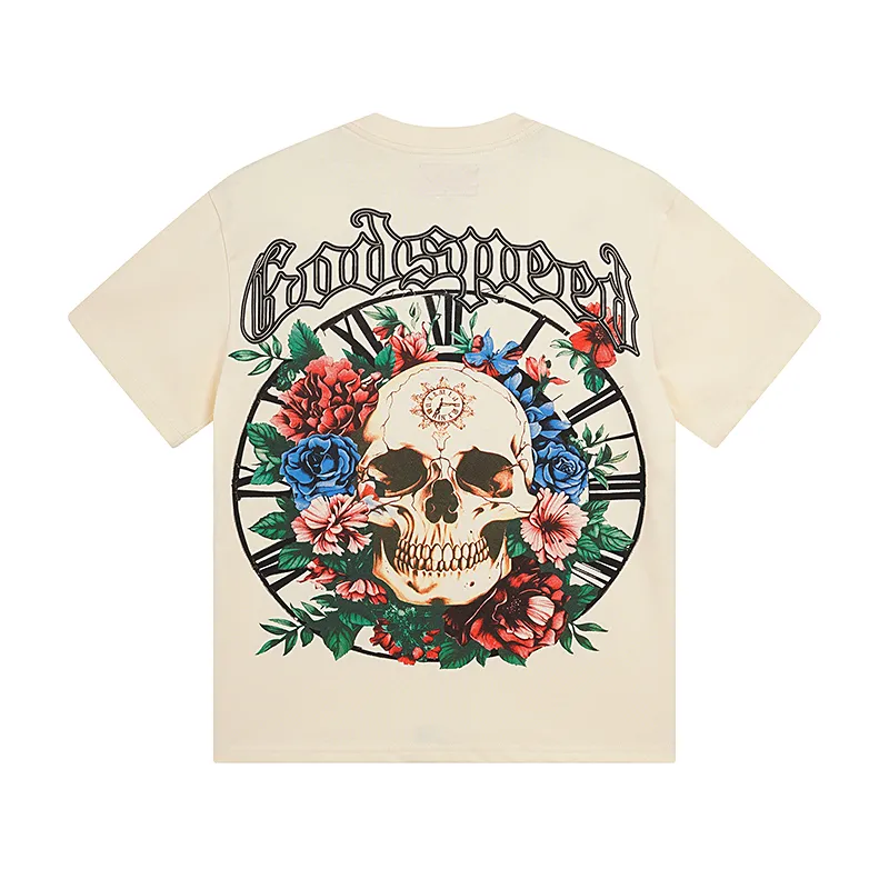 3019# P110 Real shot Godspeed American trendy rock street retro loose printed cotton short sleeves Fabric: 240g 32 count fine cotton double yarn pure cotton Color: off-white apricot Size: S M L XL