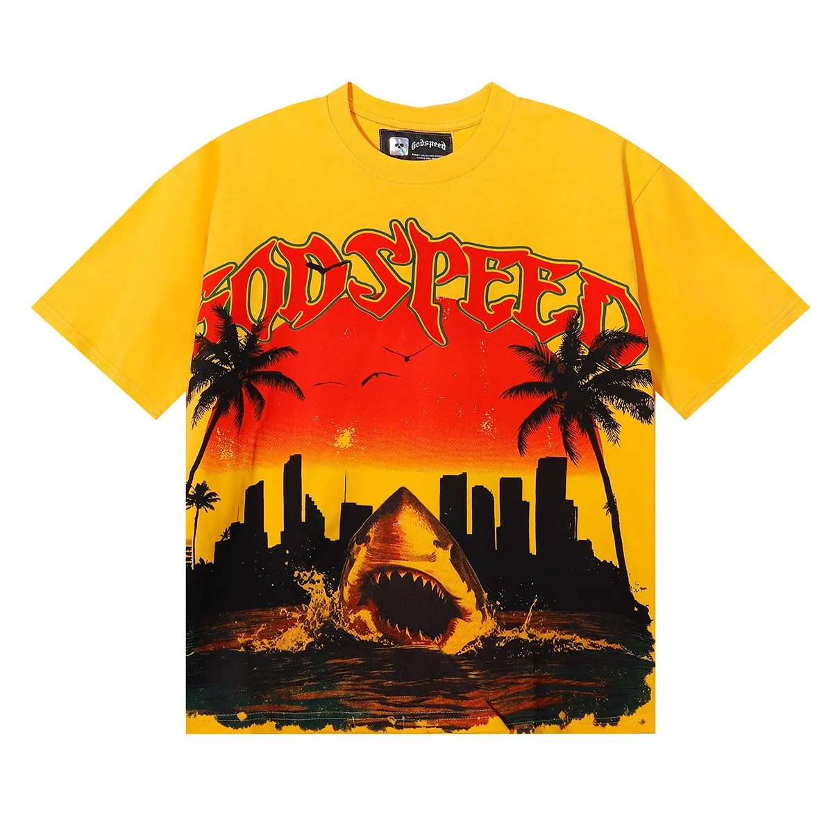 No. 7058, Mechao Godspeed urban coconut tree shark print high quality double yarn pure cotton casual short-sleeved T-shirt batch 110 Color: black, apricot, yellow; Size: S M L XL