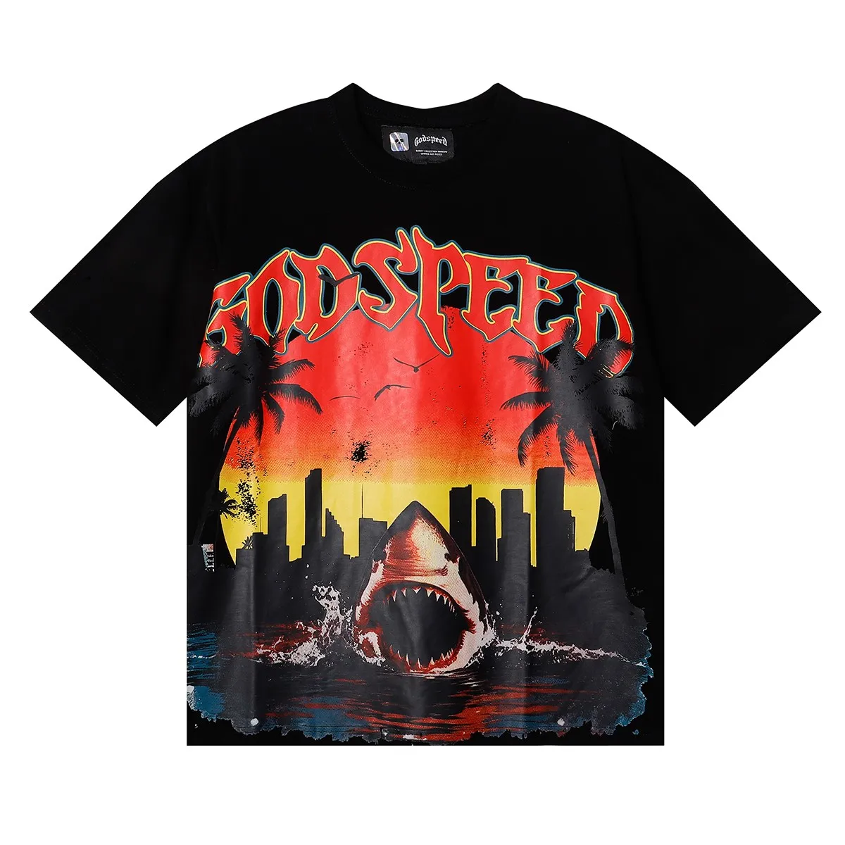 No. 7058, Mechao Godspeed urban coconut tree shark print high quality double yarn pure cotton casual short-sleeved T-shirt batch 110 Color: black, apricot, yellow; Size: S M L XL