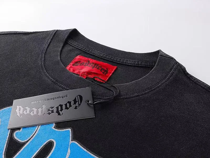 6057#washed black｜P116 Godspeed cross-border American rock and roll street washed retro style short-sleeved T (craft printing) fabric (fabric): 32 count combed double yarn 250g weight code number (size): S-M-L-XL color (colour): washed black