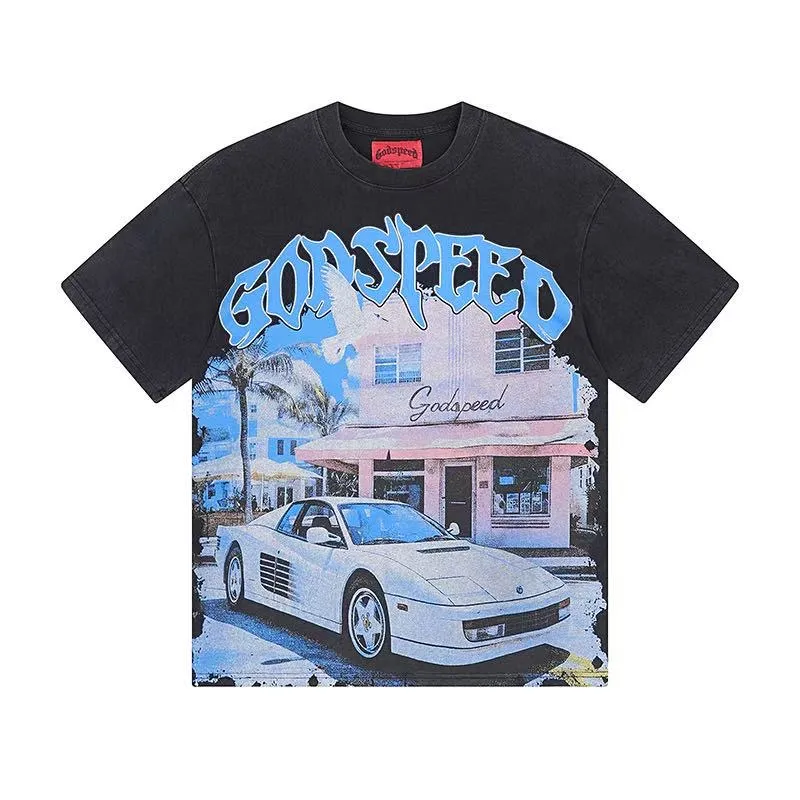 6057#washed black｜P116 Godspeed cross-border American rock and roll street washed retro style short-sleeved T (craft printing) fabric (fabric): 32 count combed double yarn 250g weight code number (size): S-M-L-XL color (colour): washed black