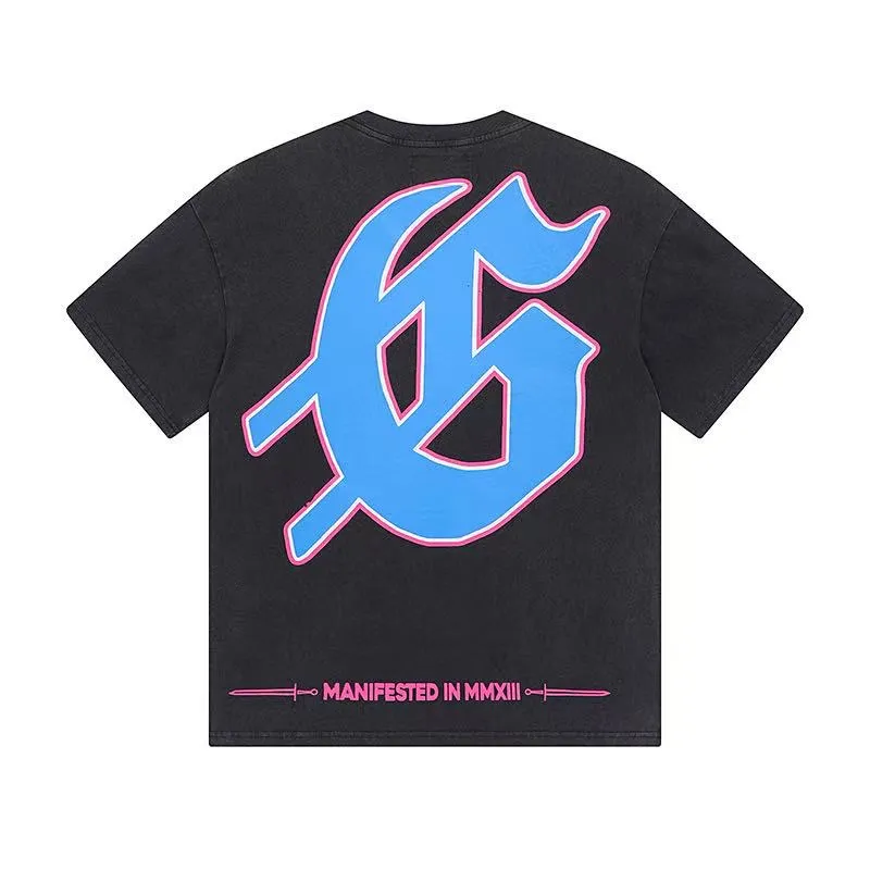 6057#washed black｜P116 Godspeed cross-border American rock and roll street washed retro style short-sleeved T (craft printing) fabric (fabric): 32 count combed double yarn 250g weight code number (size): S-M-L-XL color (colour): washed black