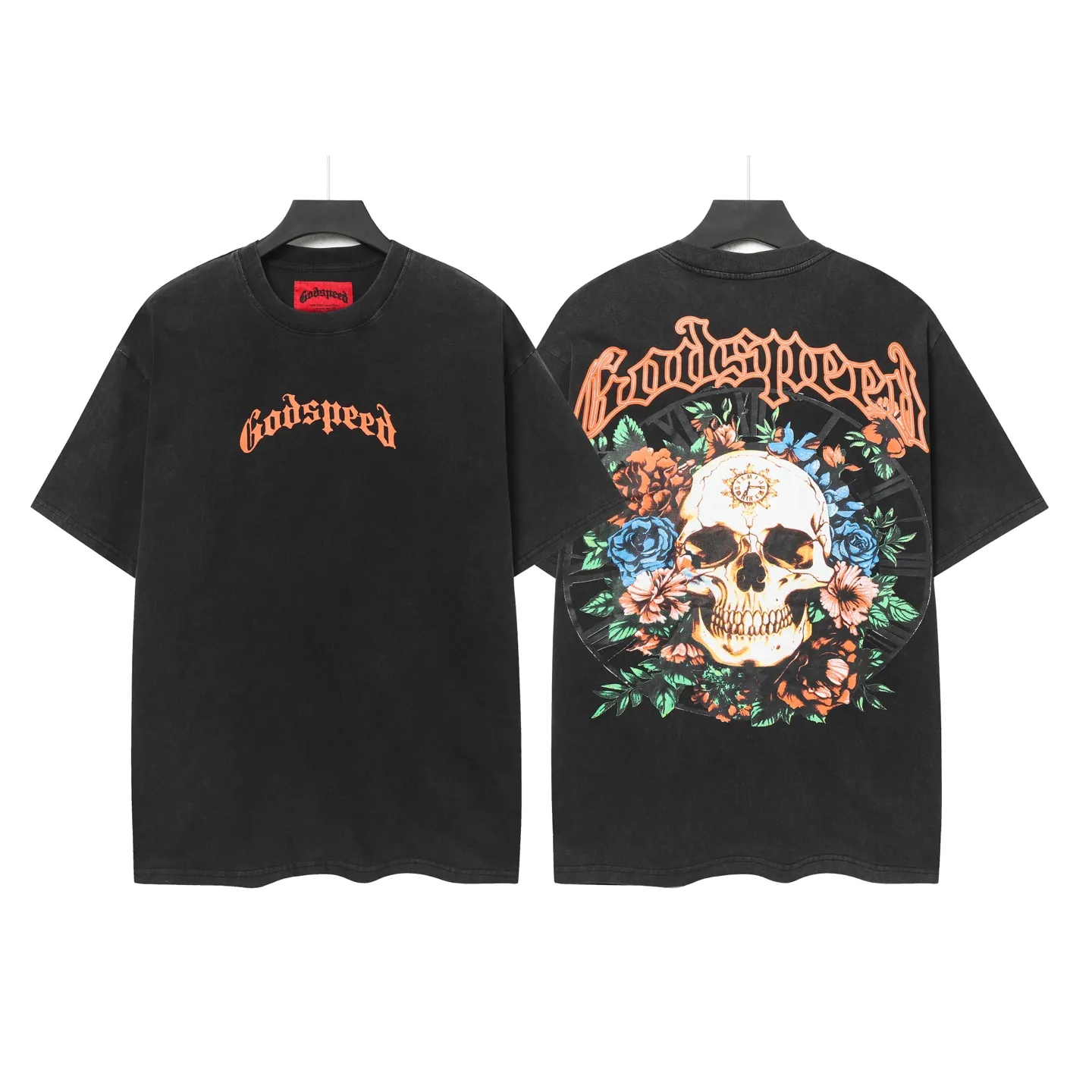 6046# washed black｜P116 Godspeed cross-border American rock and roll street washed retro style short-sleeved T (craft printing) fabric (fabric): 32 count combed double yarn 250 grams weight code (size): S-M-L-XL color (colour): washed black 👉