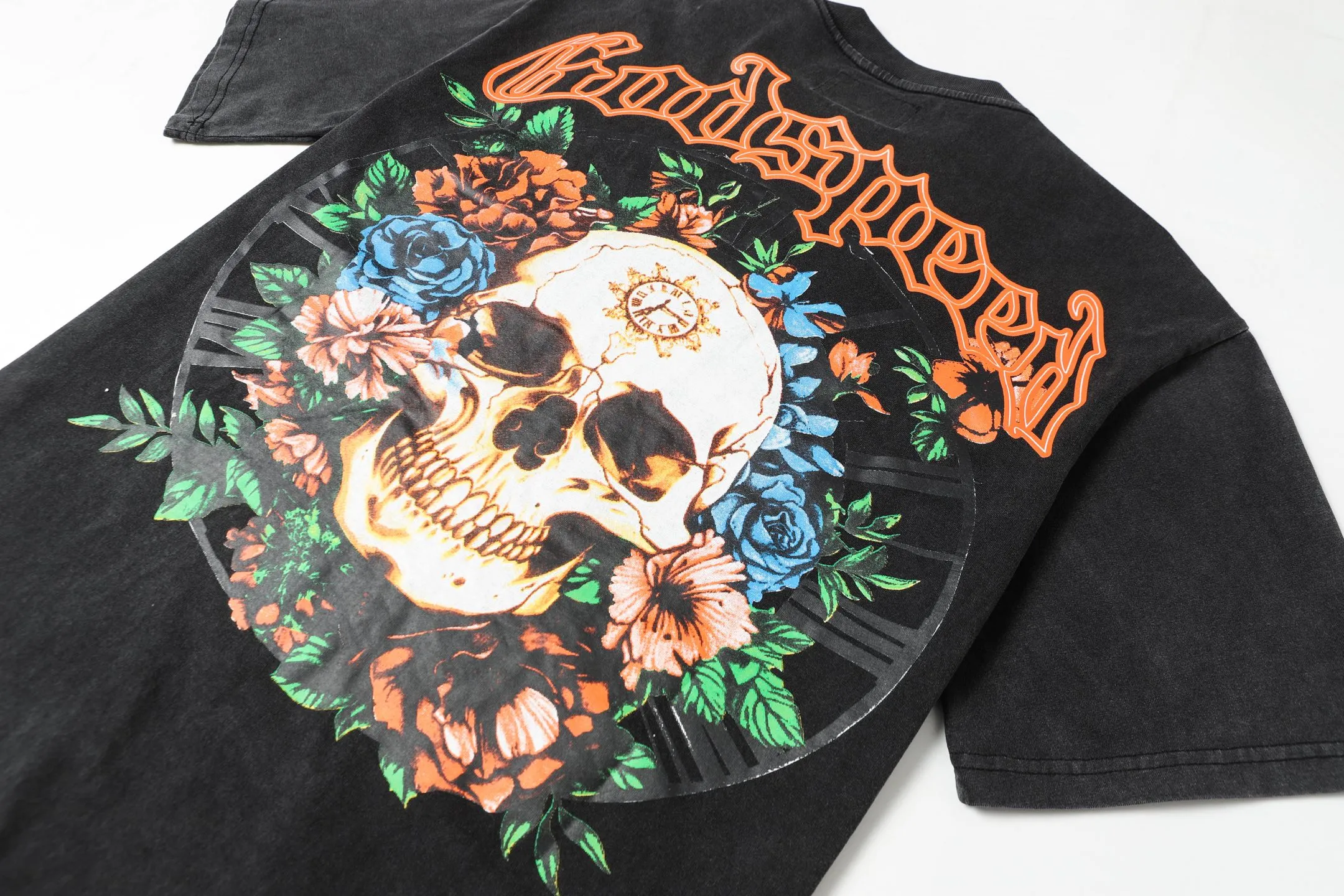 6046# washed black｜P116 Godspeed cross-border American rock and roll street washed retro style short-sleeved T (craft printing) fabric (fabric): 32 count combed double yarn 250 grams weight code (size): S-M-L-XL color (colour): washed black 👉